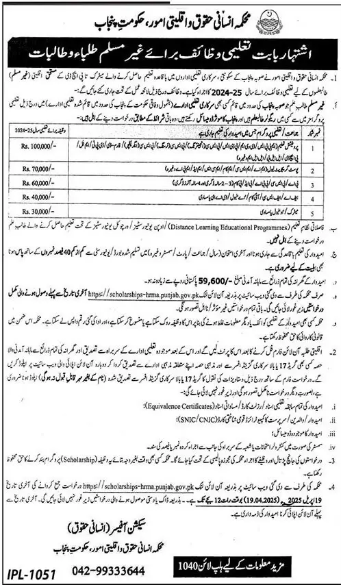 Latest Punjab Govt HRMA Minorities Scholarship for Matric to PhD Students 2025 2 Punjab Govt HRMA Minorities Scholarship